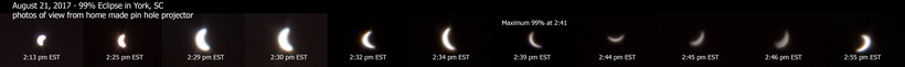 Eclipse time lapse taken of a time lapse in an pin hole projector made with a Lucky Charms cereal box.