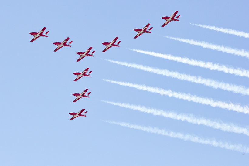 The Snow Birds come across the sky to the start of their part of the CNE 2012 Labour Day Weekend Air Show.