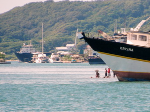 The young Roatan children waiting to see the Catamaran coming before diving in and swimming out to us.