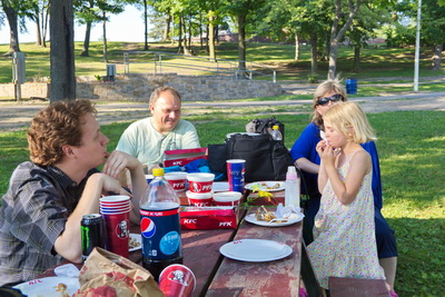 Conversation and good times, nibbling on what's left of the chicken.