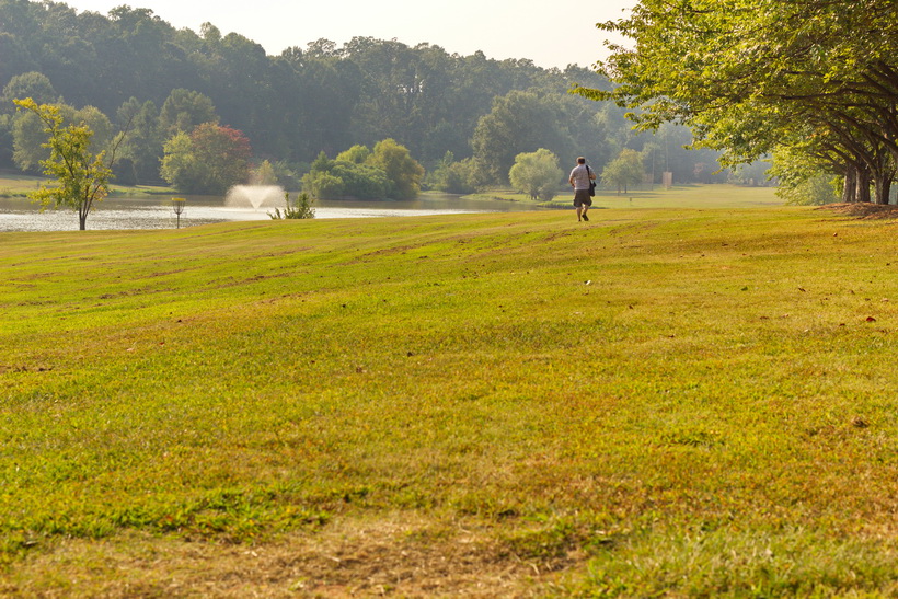 Fairway lined with trees on one side and water on the other.