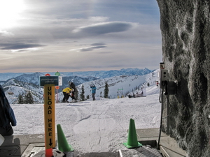 Heading out of the tunnel to Mineral Basin, Snowbird Ski Resort, Utah.