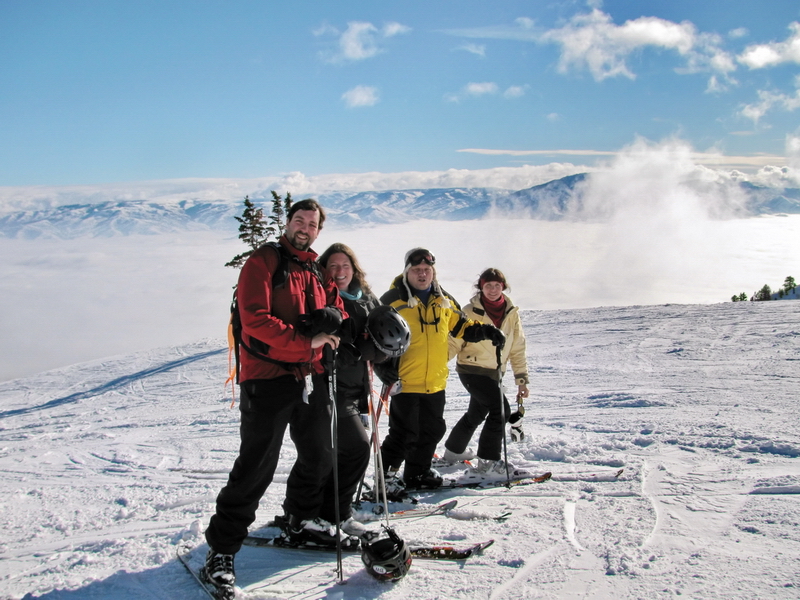 Matt, Lily, Robin, Myself at part way down the hill at Snow Basin, Utah, heading over to Strawberry Express Gondola from above the clouds.